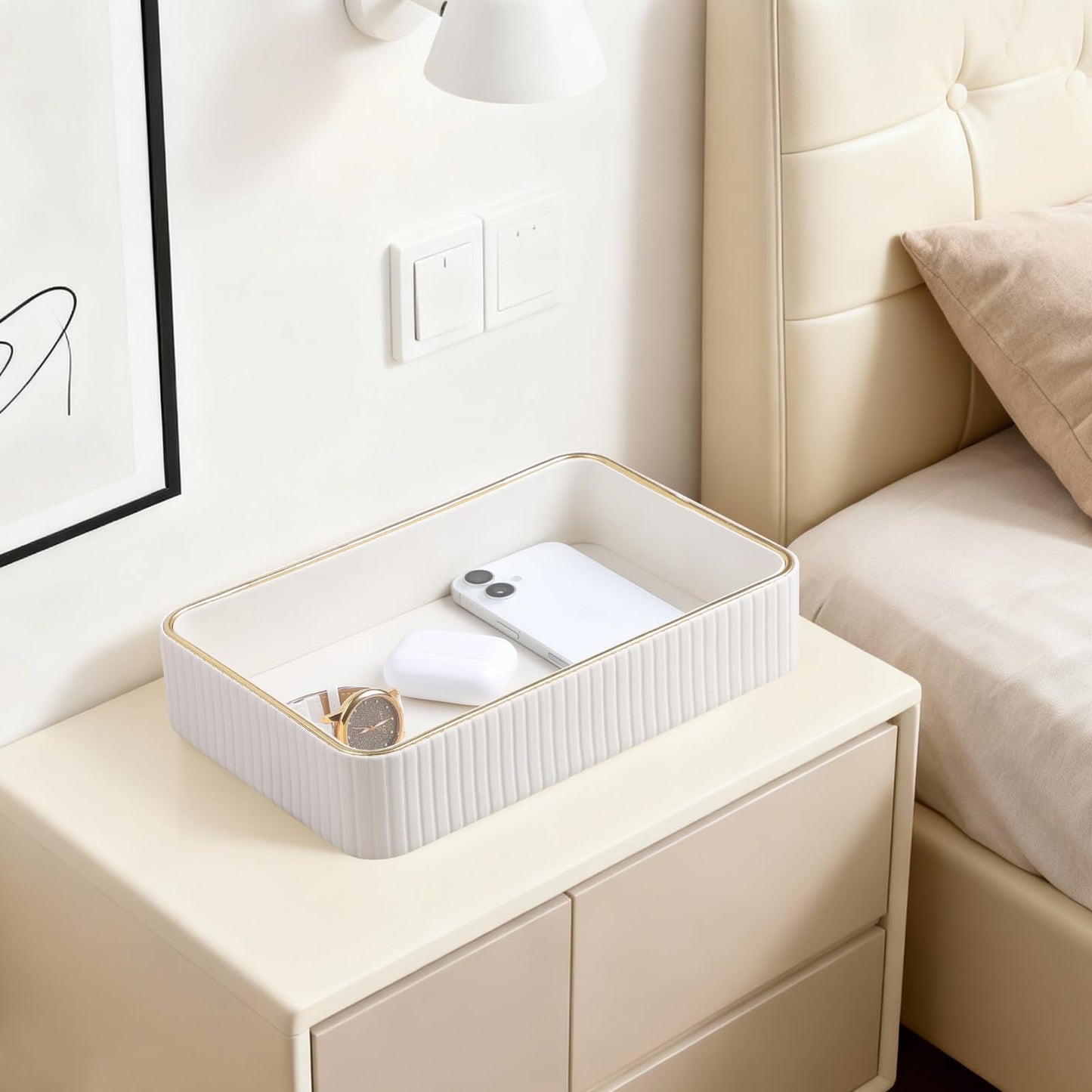 MEIBOOCH Desk Organizer Tray, PU Leather Nightstand Organizer Perfume Valet Tray for Men Women, Decorative Vanity Trays Trinket Dish Key Bowl for Entryway Table (Ivory, Medium)
