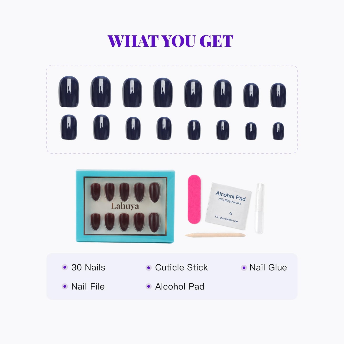 LAHUYA Press On Nails – Cocoa Bordeaux | Nail Artist Designed Short Almond Fake Nails with Dark Cocoa Red Glossy Finish, 15 Sizes – 30 Nails Kit with Glue