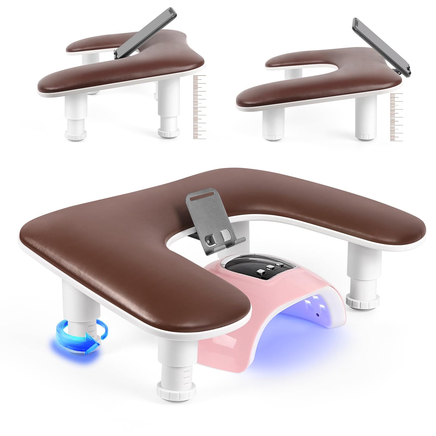 LIONVISON Arm Rest for Nails Tech: U Shaped Adjustable Height Ergonomic Nail Hand Rest Stand PU Leather with Rotating Phone Holder for Nail Salon Manicurist (Brown)