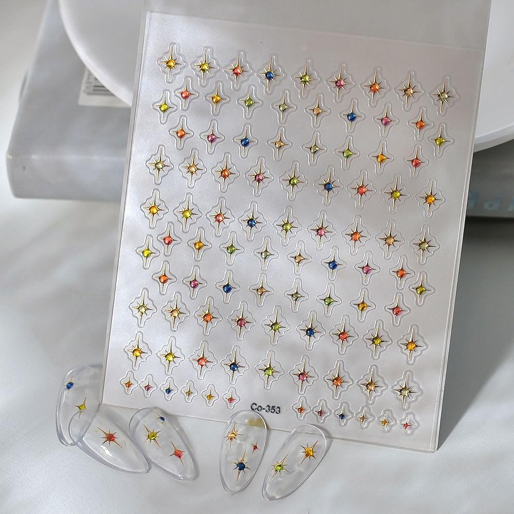 5D Embossed Nail Art Stickers Star Nail Decals Gold Gems Self-Adhesive Nail Stickers for Nails Art 3D Quadrangular Star Design Red Manicure Decorations Nails Supplies for Women