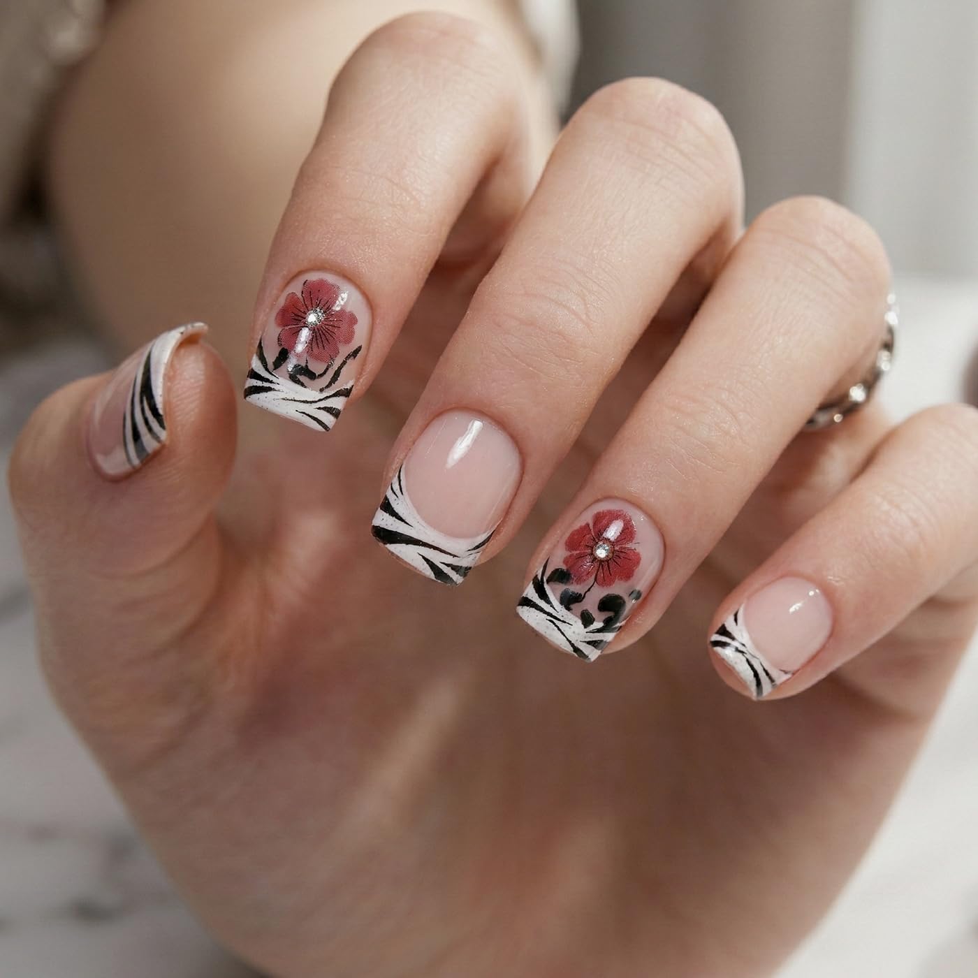 Goolich Zebra Print French Tip Press On Nails Short Square, Floral Nails Press ons Set with Adhesive Tabs, 24 Pcs 12 Size Reusable Full Cover Glue on Nails for Women