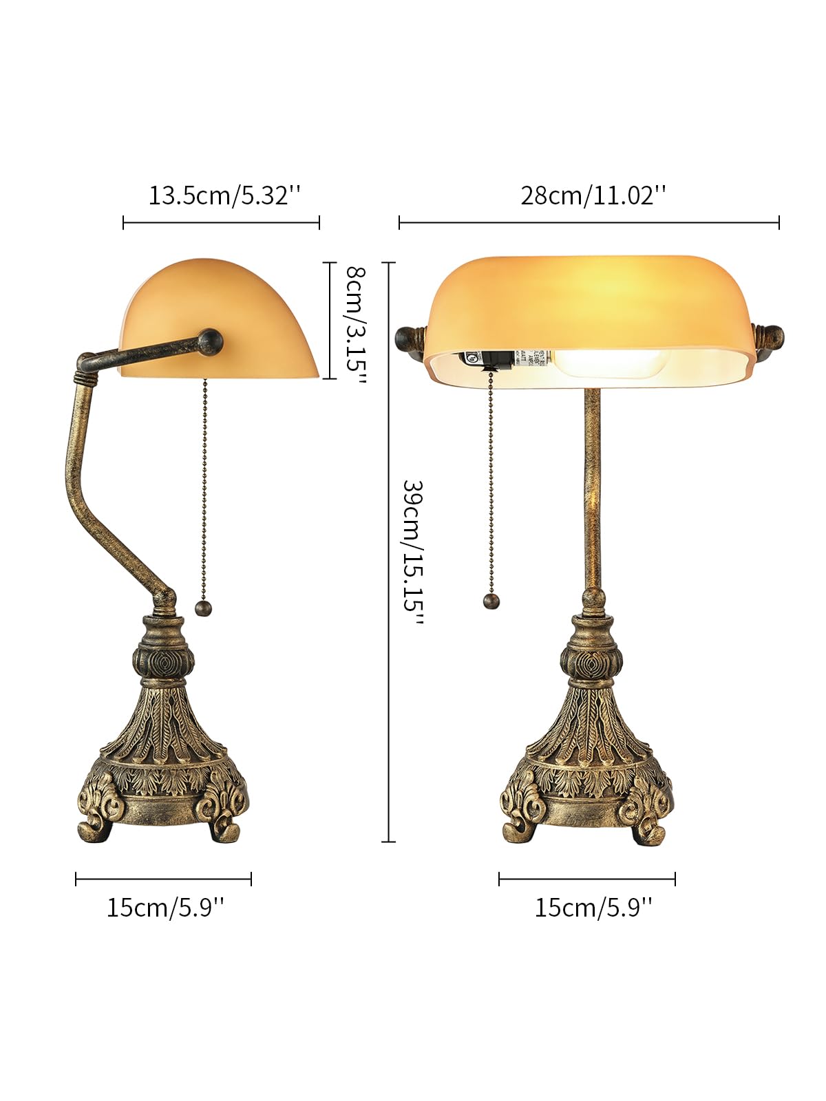 Newrays Vintage Amber Glass Bankers Desk Lamp for Home Office,Library with Pull Chain Switch Plug in Fixture, LED Bulb Included