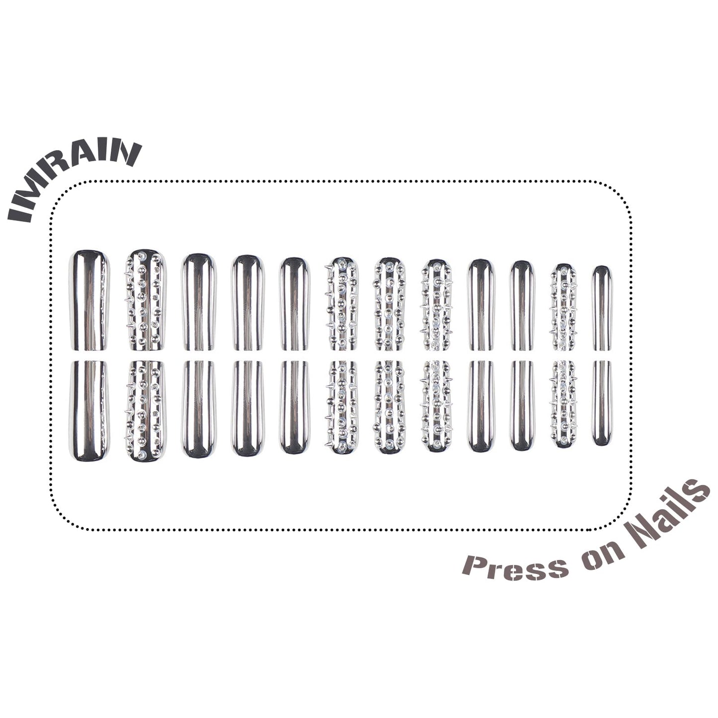 IMRAIN Press on Nails Long Square Fake Nails Metal Silver Acrylic False Nails with Rivets Design Chrome Gothic Full Cover Y2K DIY Nail Supplies Stick on Nails for Women Manicure