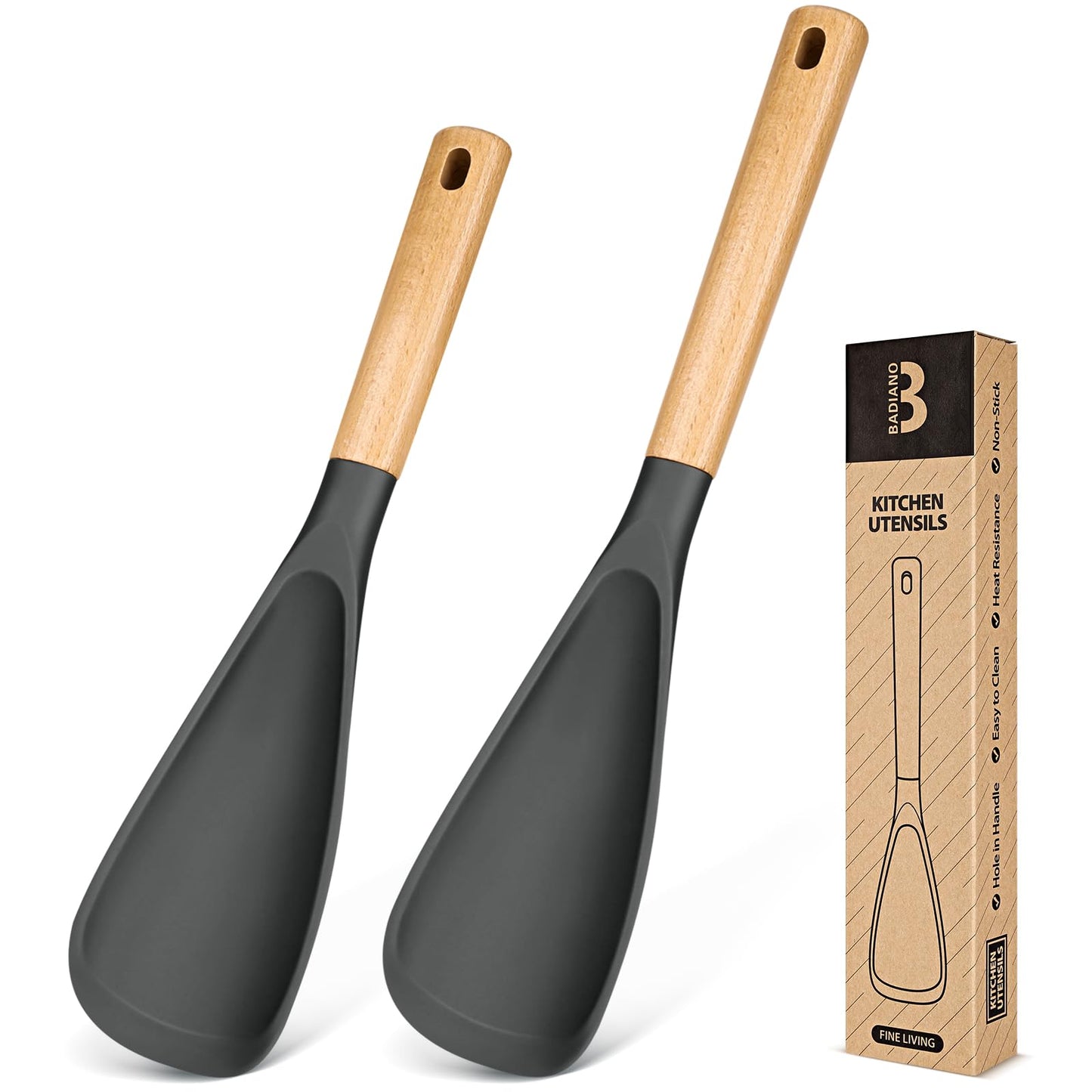 Multifunction Spoon for Nonstick Cookwares, Great for Cooking and Serving, Sturdy BPA-Free Matte Silicone, Wood Handle Spoonula for Mixing, Scoop, and Scrape, Grey(2 pack,11.4" & 13.4")