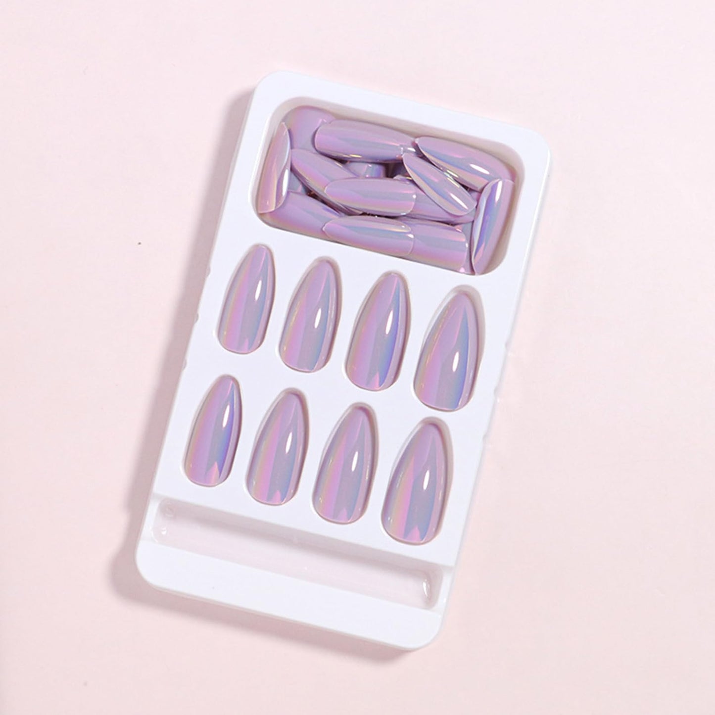24Pcs Chrome Press on Nails Medium Almond Fake Nails Purple Aurora False Nails Glossy Quality Nail Tips Full Cover Glue on Nail Cute Acrylic Stick on Nails for Women Quick Manicure Kit