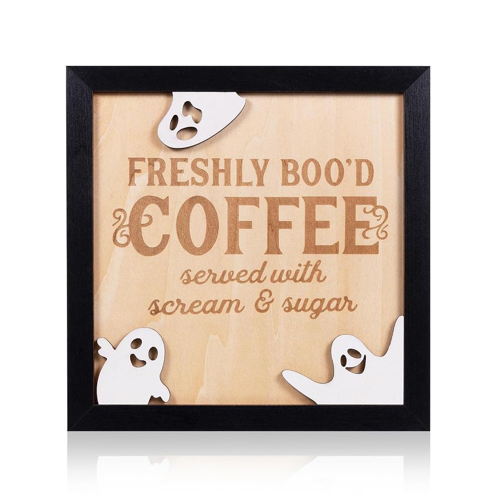 Freshly Boo'd Coffee Halloween Sign Cute Halloween Coffee Bar Decor Wooden Kitchen Decor Accessories Rustic Halloween Home Funny Halloween Coffee Bar Decorations