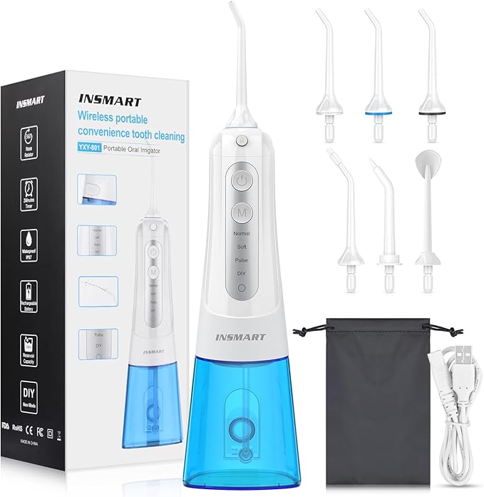 Cordless Water Dental Flosser Teeth Cleaner, INSMART Professional 300ML Tank DIY Mode USB Rechargeable Dental Oral Irrigator for Home and Travel, IPX7 Waterproof 4 Modes Irrigate for Oral Care
