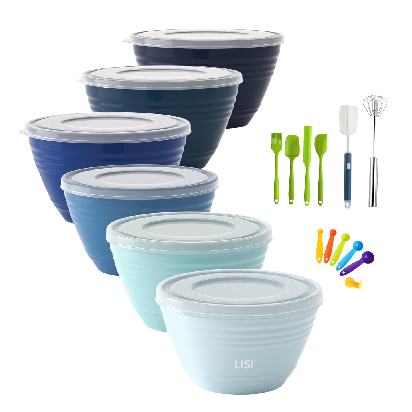 LISI 23Pcs Mixing Bowls Set with Lids, Airtight BPA-Free Nesting Bowls for Mixing, Baking, Cooking & Storage, Dishwasher Safe Serving Bowl, Includes Spatula, Spoons, Brush & Whisk