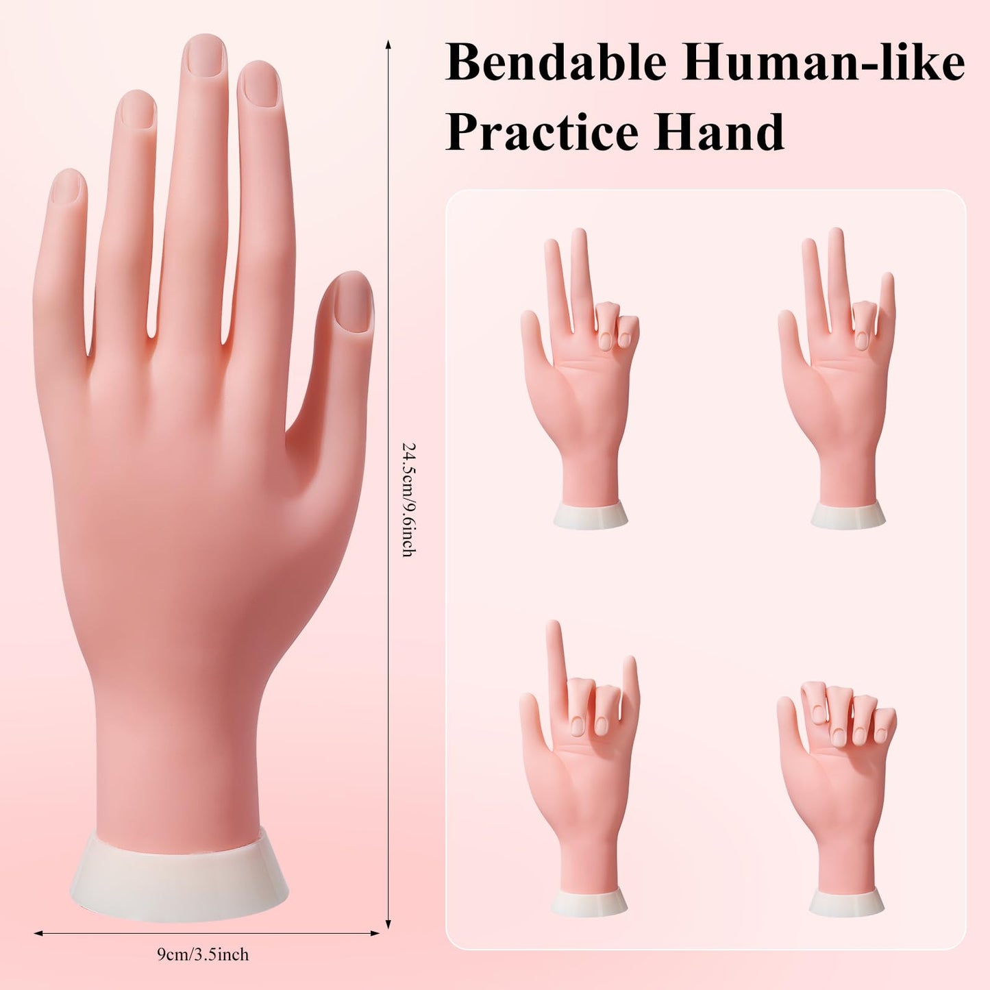 Practice Hand for Acrylic Nails,Nail Mannequin Hands for Nails Practice,Fake Nail Training Hand Manicure, Flexible Bendable Nail Hand with 100PCS Nail Tips,Painting Pen,Nail Clay and Nail Rhinestones