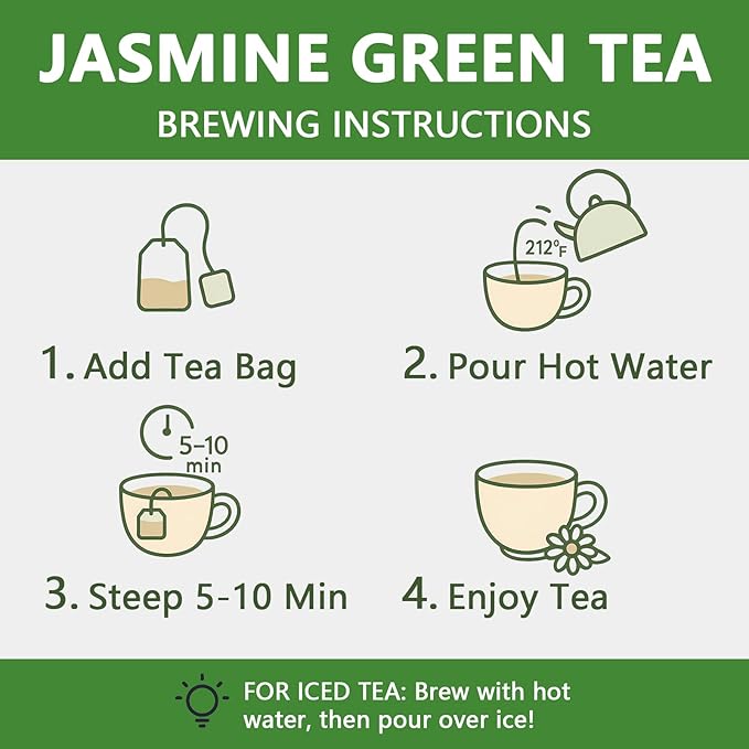 Jasmine Green Tea Bags – 60 Count | Fragrant Jasmine-Infused Green Tea | Smooth & Refreshing | Individually Wrapped for Freshness | Ideal for Home, Office & Travel