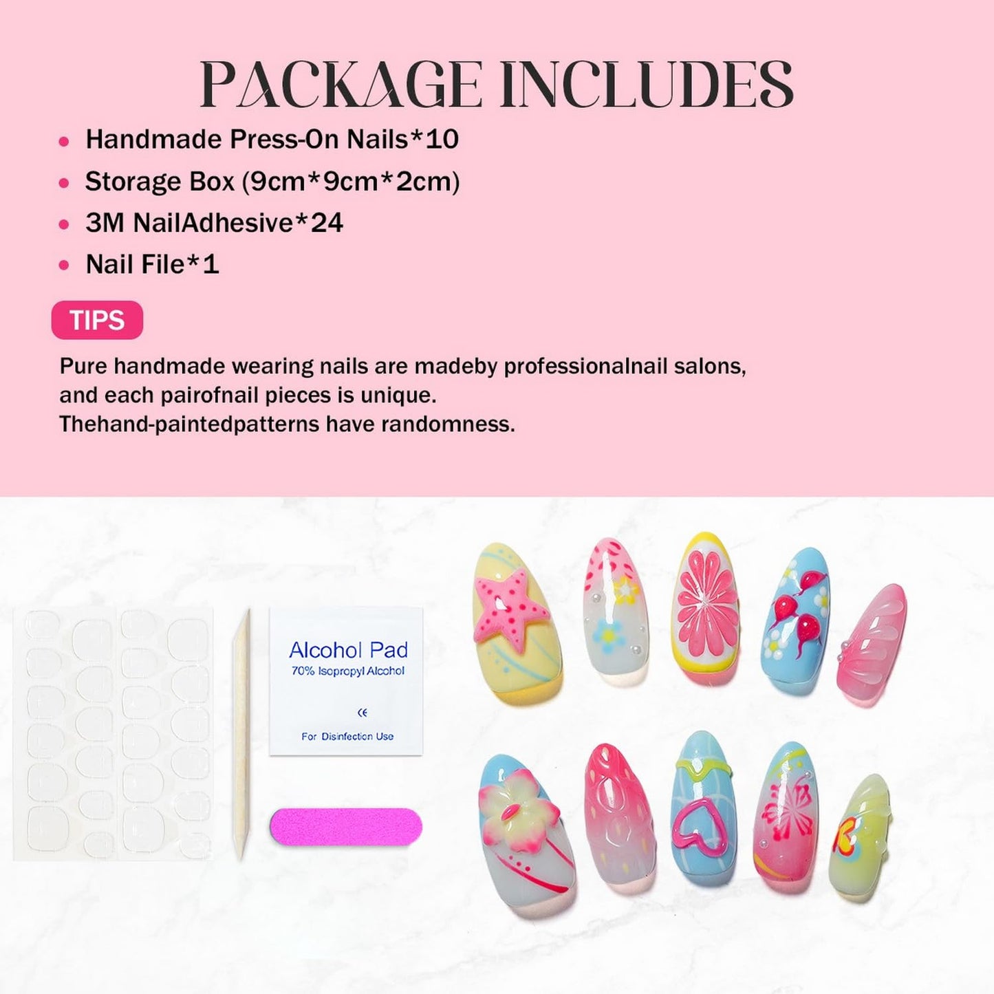 Handmade Press on Nails Medium Almond - 3D Luxury Colorful Flower Press on Nails Designs Thick Acrylic and Muti-Layer Gel False Nails Full Cover Gradient Fake Nails Stick on Nails for Women (Size S)