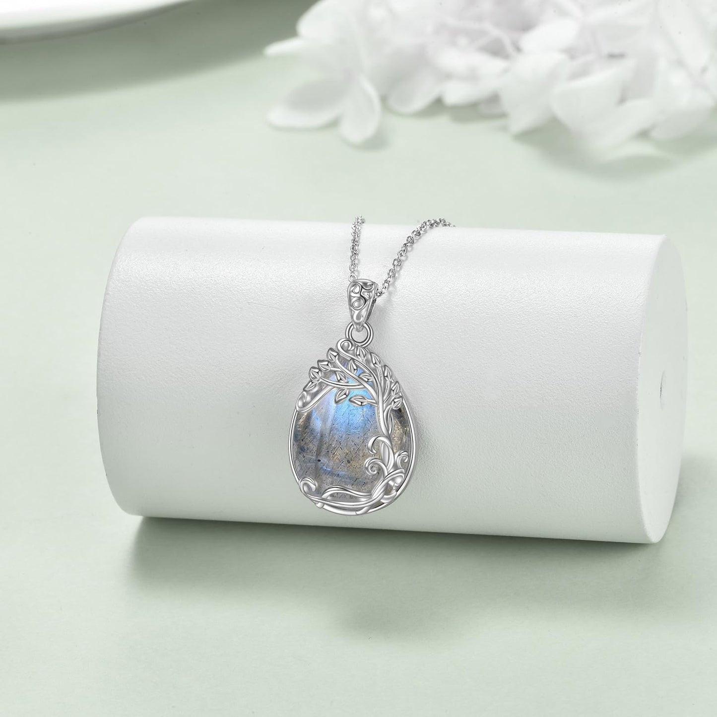 YAFEINI Sterling Silver Labradorite Tree of Life Teardrop Pendant Necklace