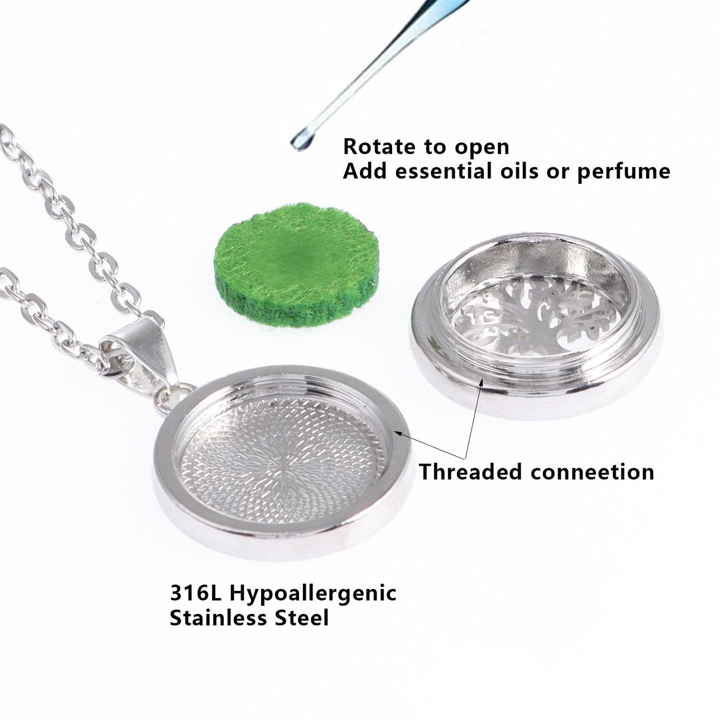 YWLI Essential Oil Diffuser Necklace Aromatherapy Locket Pendant Necklace Stainless Steel Tree of Life Necklace Pendant with 10 Pcs Refill Pads