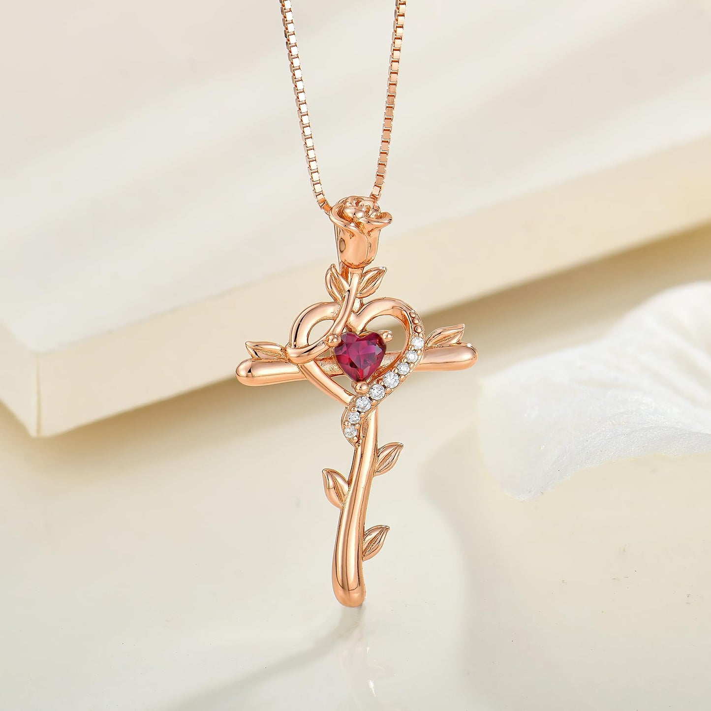 STARCHENIE Rose Cross Necklace, 925 Sterling Silver 14K Rose Gold Plated, Created Ruby Heart Pendant, Crucifix Jewelry Gift for Women
