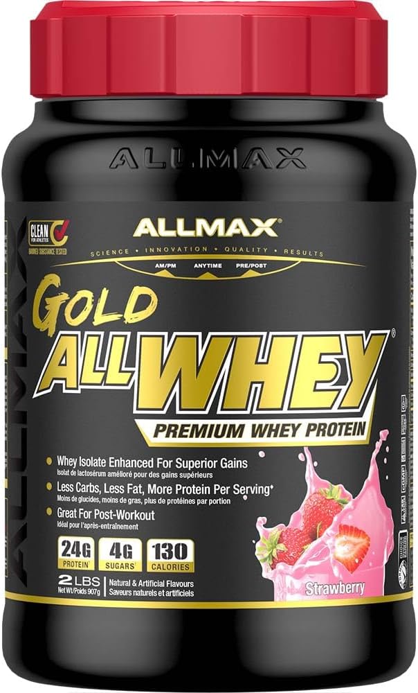ALLMAX Nutrition Gold ALLWHEY, Strawberry - 2 lb - 24 Grams of Protein Per Scoop - Gluten Free, Low Carb & Low Sugar - Approx. 30 Servings