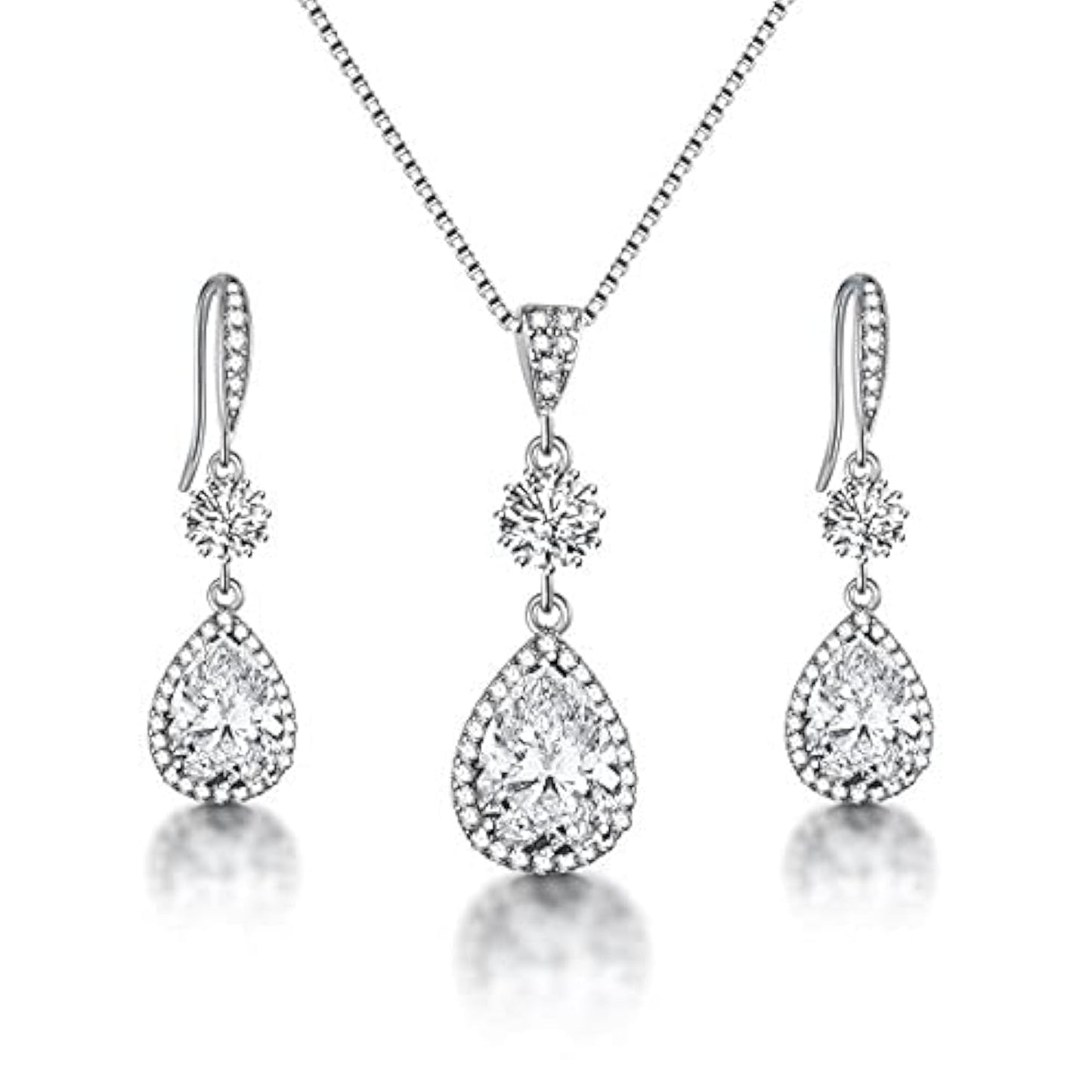 AMYJANE Bridal Jewelry Set for Wedding - Teardrop Silver Cubic Zirconia Crystal Drop Earrings and Necklace Set for Bride Bridesmaids Mother of Bride Prom Party