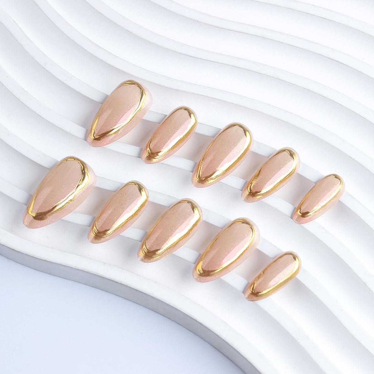 Gold Chrome Press on Nails Medium Almond Fake Nails with Design Full Cover Stick on Nails for Women Manicure,Reusable | Artificial | Nail Sticky Tabs | Easy Apply | 24Pcs