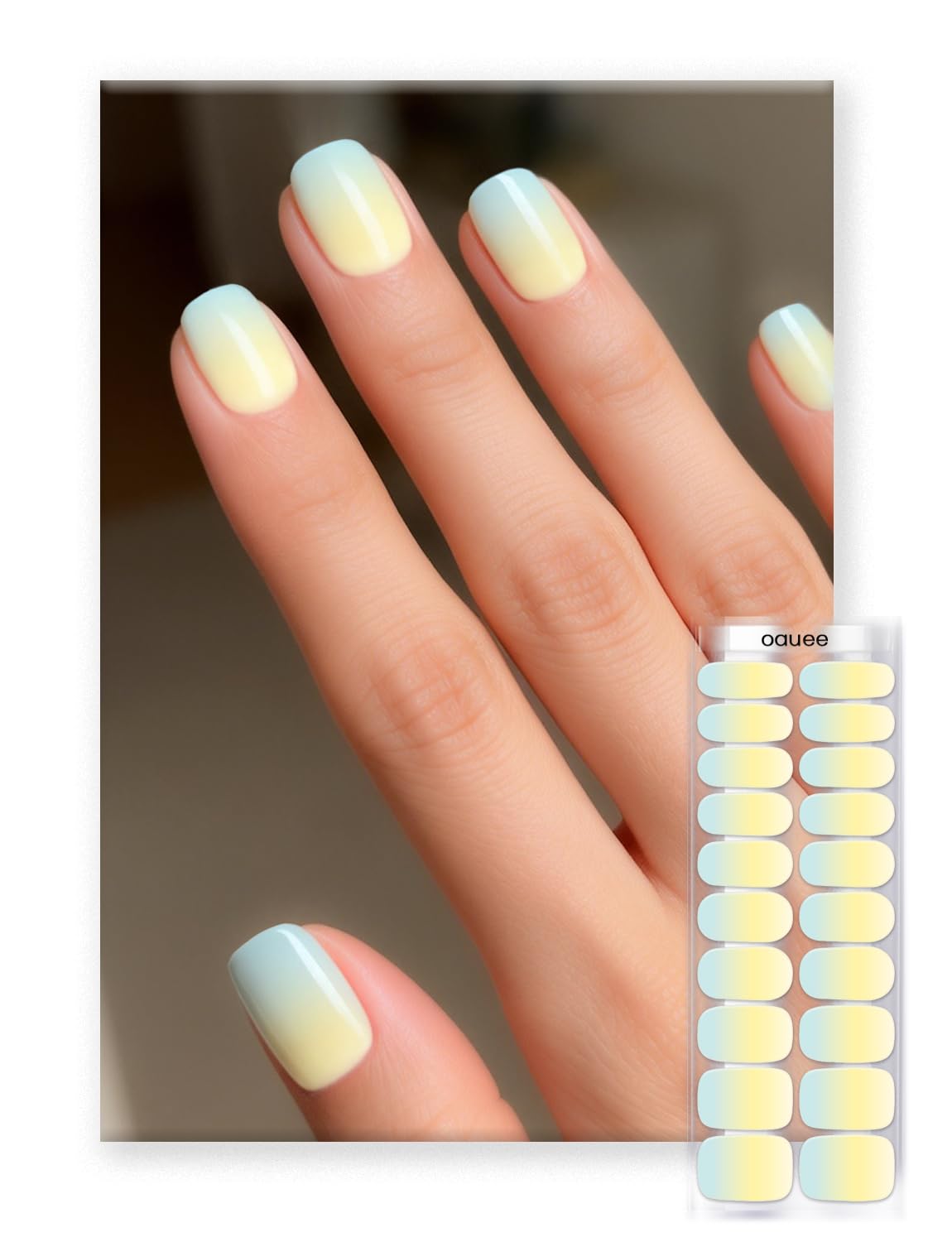 Oauee Semi Cured Gel Nail Strips | Built-In Gel Top Coat | UV Light Required | Salon Quality, Easy Application And Removal (Lemon Macaron）