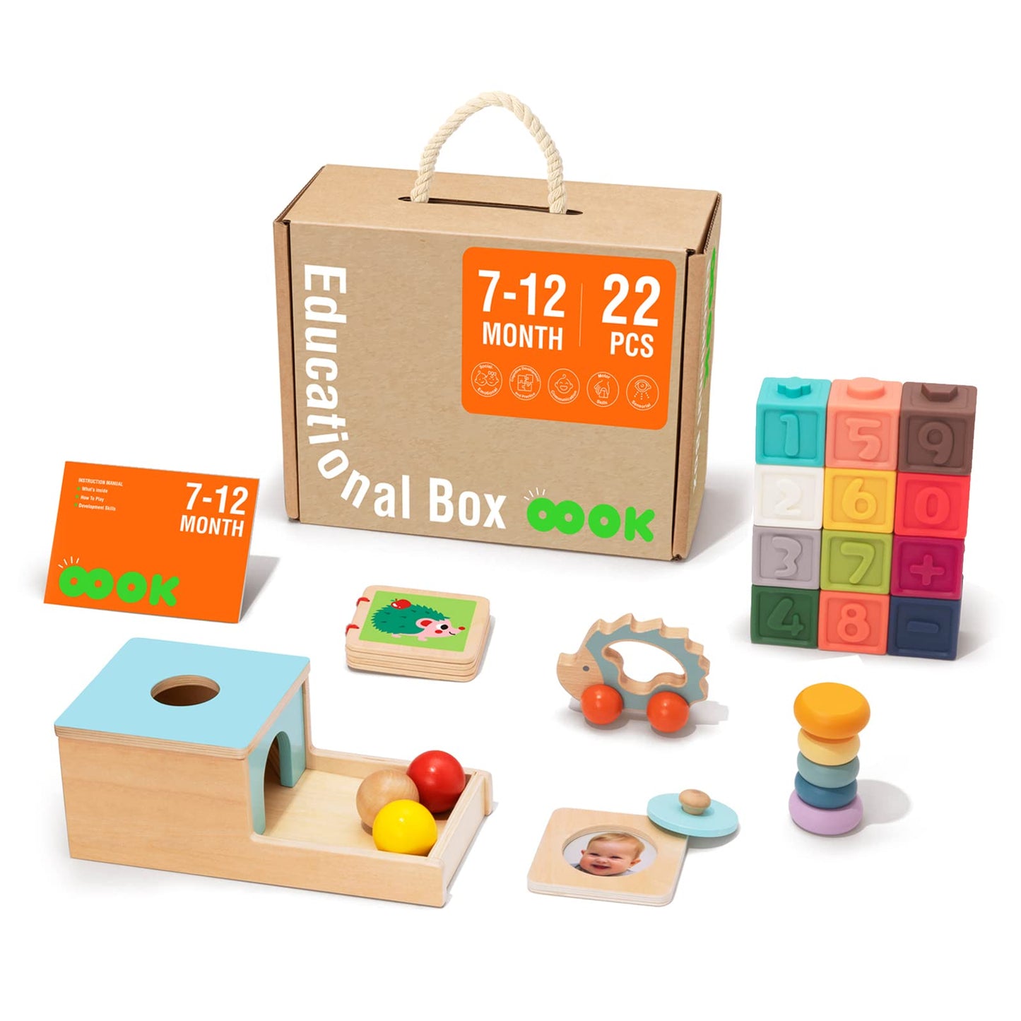 TOOKYLAND Montessori Toys for Babies 6-12 Months, 7 in 1 Learning Educational Set Wooden Toys (Includes Baby Rattle, Object Permanence Box, Wooden Book, Teething Toy and More)