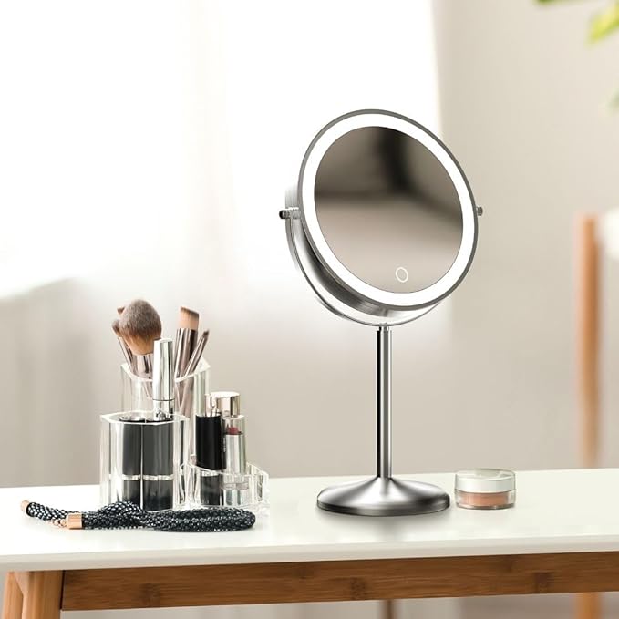 Fancii 9-Inch Lighted Makeup Mirror Height Adjustable with 10X /1X Magnification - Rechargeable, Double Sided LED Vanity Mirror with Light and Stand, 360° Swivel (Hailey)