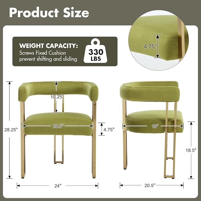 Green and Gold Modern Dining Chairs Set of 2, Velvet Upholstered Barrel Armchairs with Metal Legs for Kitchen Island, Mid Century Accent Chairs for Dining Room Living Room, Open-Back