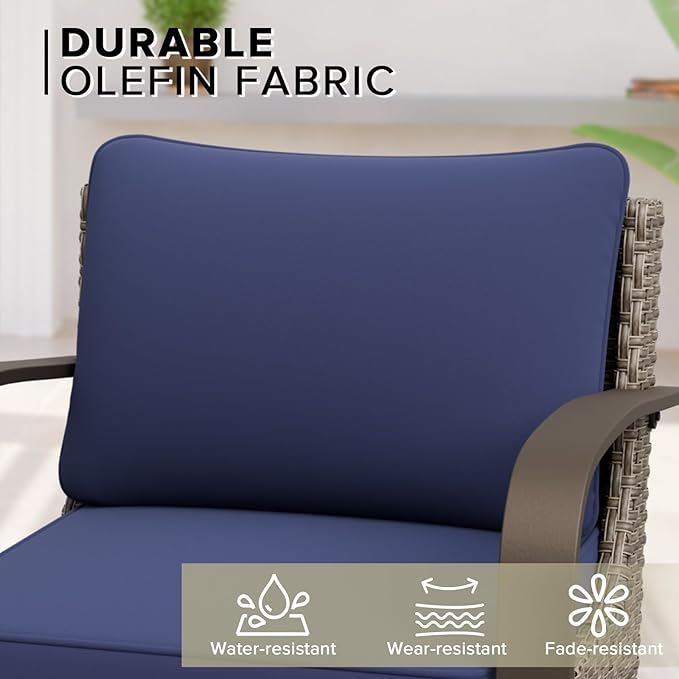 COOS BAY Aurora Terrace Half-Moon Outdoor Furniture Set, Rattan Conversation Set with Swivel Rockers, Curved 4-Seat Sofa, Coffee Table, Seats 6, Beige/Blue