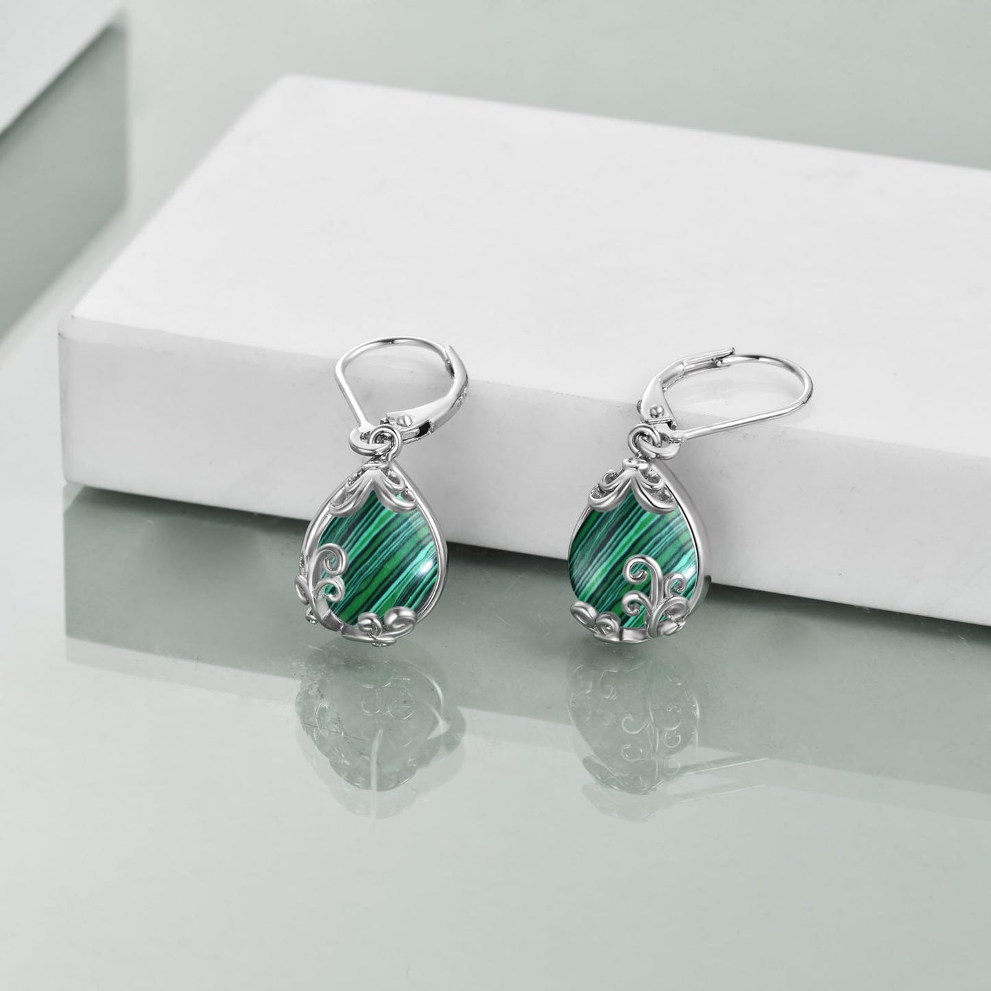 POPLYKE Malachite Filigree Teardrop Drop Dangle Earrings Sterling Silver Leverback Earrings Malachite Jewelry Gifts for Women