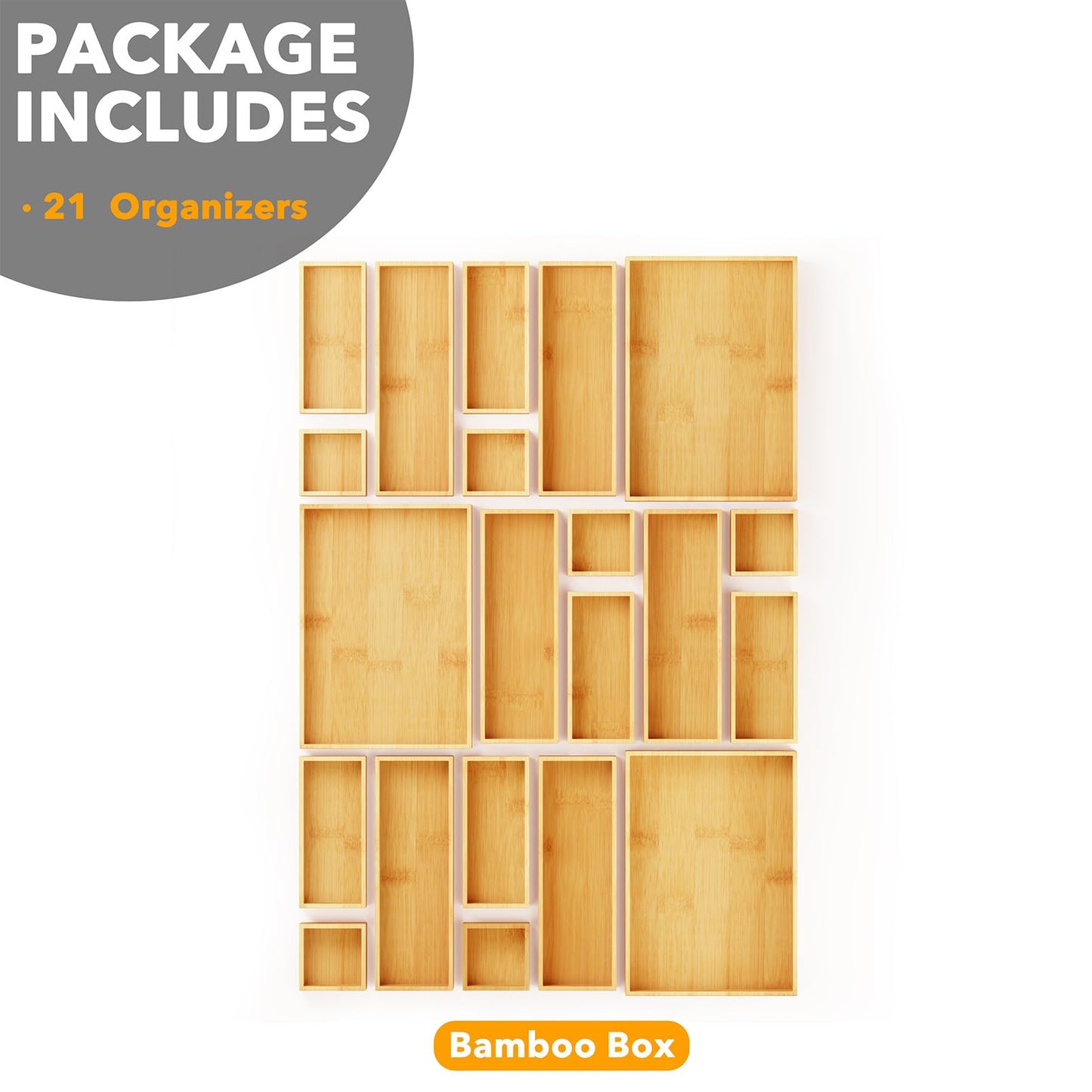 SpaceAid 21-Piece Bamboo Drawer Organizer Storage Boxes Set, Wood Tray Junk Drawer Organizers Multi-Use Divider Bins for Kitchen, Bathroom, Office Desk and Makeup Organization (21 Pack, Natural)