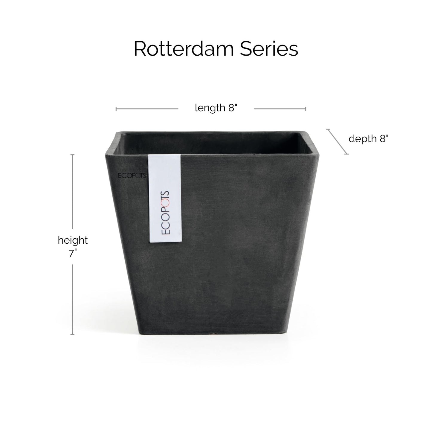 Ecopots Rotterdam Durable Modern Square Indoor/Outdoor Recycled-Based Composite Flower Planter, Dark Grey, 8"