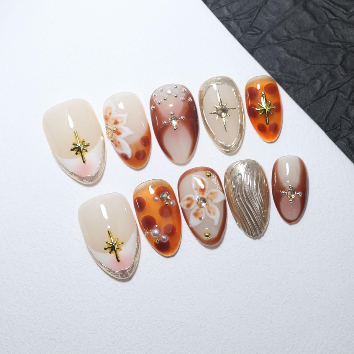 10 Pcs Short Almond Handmade Press On Nails | Amber Gradient with Gold Starburst & 3D Floral Accents | Reusable, Easy to Apply & Remove, Salon-Quality Manicure (RR15, XS)
