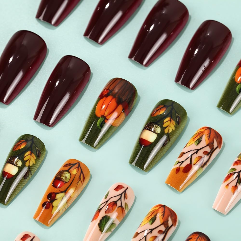 Fall Press on Nails Medium Coffin Fake Nail Maple Leaves & Pumpkin Acrylic False Nails for Women Full Cover Glossy Glue on Nails Reusable Autumn Stick on Nails 24Pcs