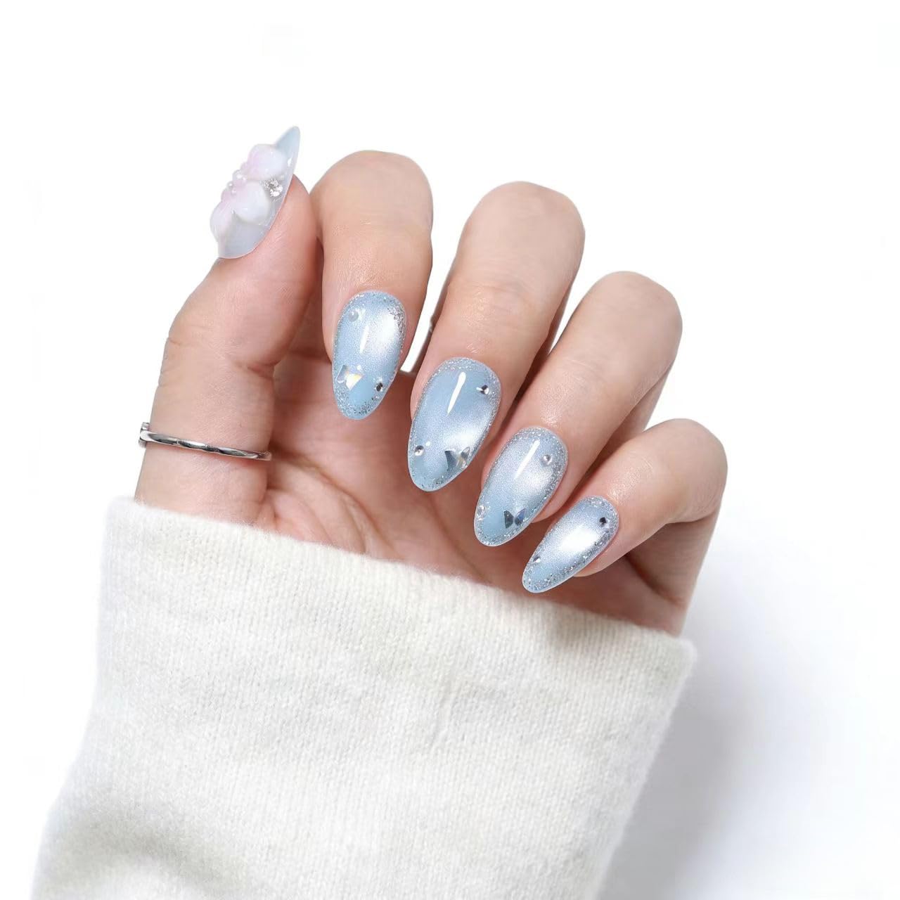 10 Pcs Short Almond Handmade Press On Nails | Sky Blue Cat Eye with 3D Floral & Rhinestone Accents | Reusable, Easy to Apply & Remove, Salon-Quality Manicure (RR16, M)