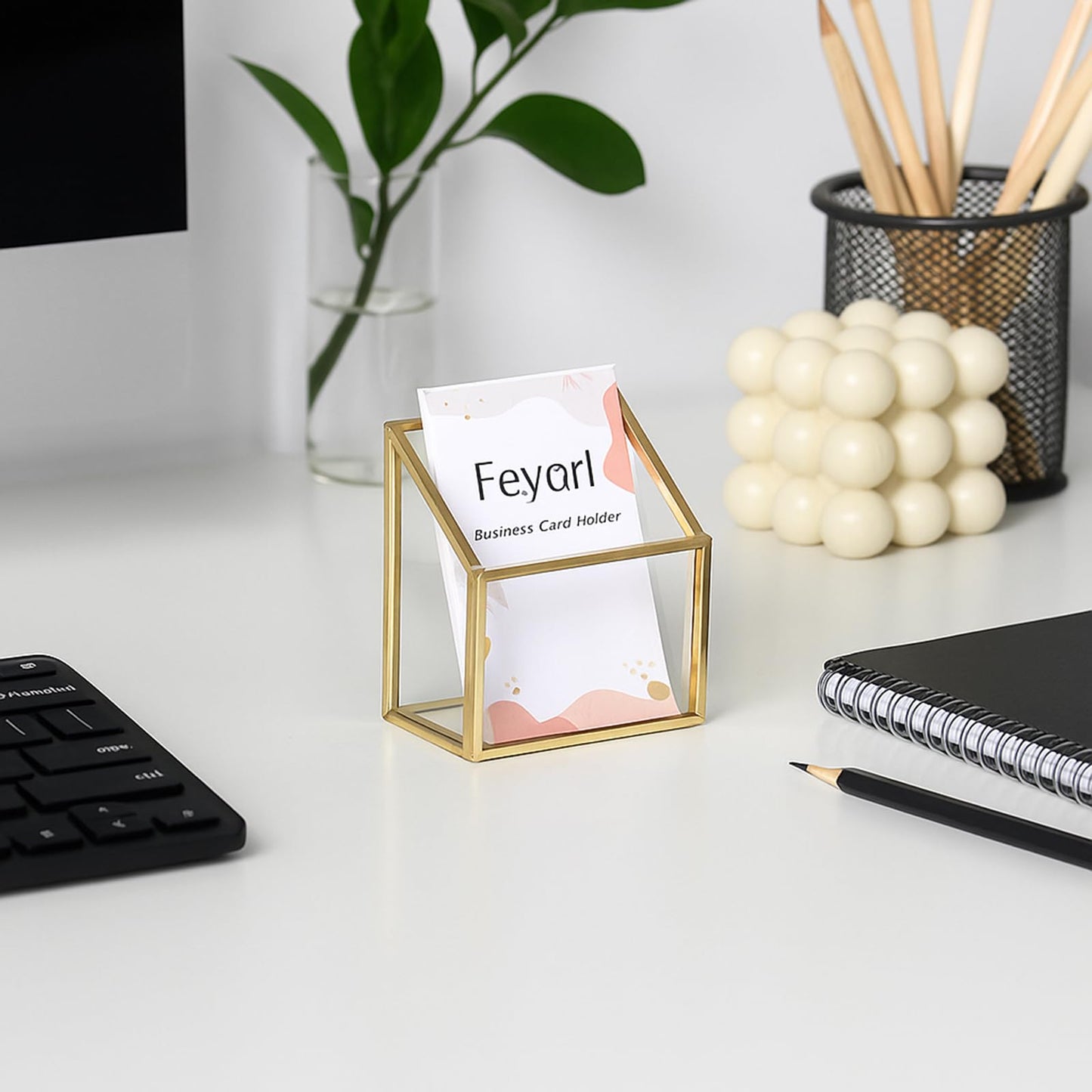 Feyarl Gold Glass Vertical Business Card Holder Business Cards Display Stand Clear Name Card Organizer Storage for Office Meeting Desk Countertop