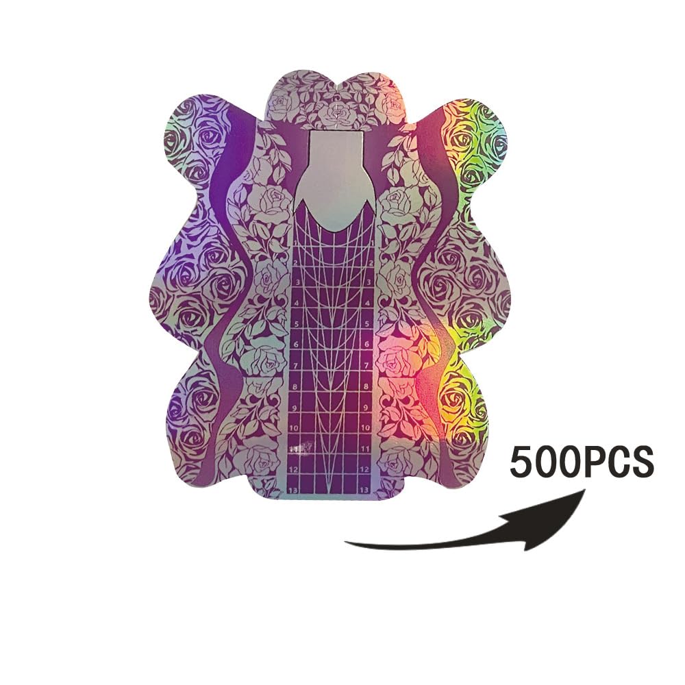 BeautyLeader 500 PCS Nail Forms Long Self-Adhesive Nail Art Tip Shape Guide Stickers Laser Purple Color Nail Extension Nail Tips Guide Stencil Manicure Tool