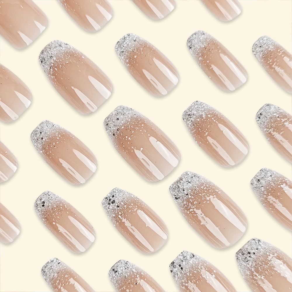 Ombre Press on Nails Short Coffin Nude Acrylic Glitter Glue on Medium Gradation False Glossy Nature Stick on for Women Girls Manicure 24Pcs