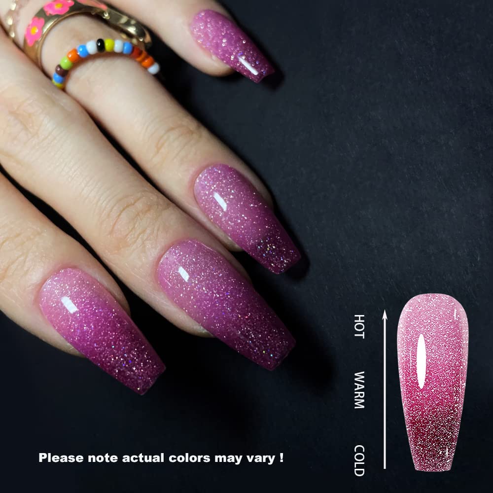 Redykat Handmade 24PCS Color Changing Glossy Coffin Press On Nails, Salon Quality Nail art, Extra Long Acrylic Fake Nails, False Nails, Home Quick Manicure……… (thermochromic magenta)