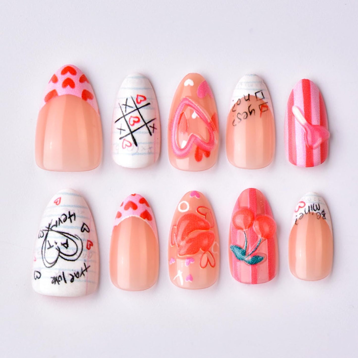 30Pcs Valentine's Press on Nails Red Hearts & Strawberry Love Lip Design Cute False Nails French Nail Tips Handmade Valentine Press on Letter Solid Color Stick on Nails for Women Holiday Manicure