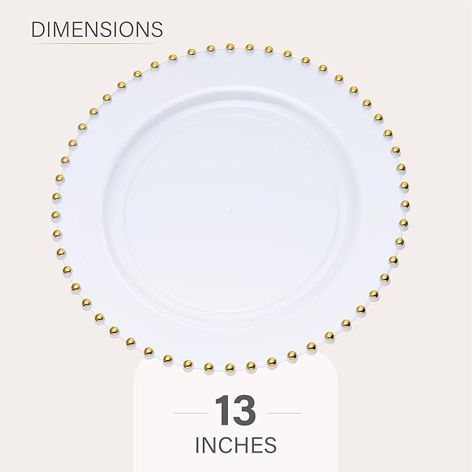 PLASTICPRO White with Gold Rim Plastic Charger Plates with Beaded Edge – Pack of 8 – 13" Elegant Round Disposable Chargers for Weddings, Events, Parties, and Dinners