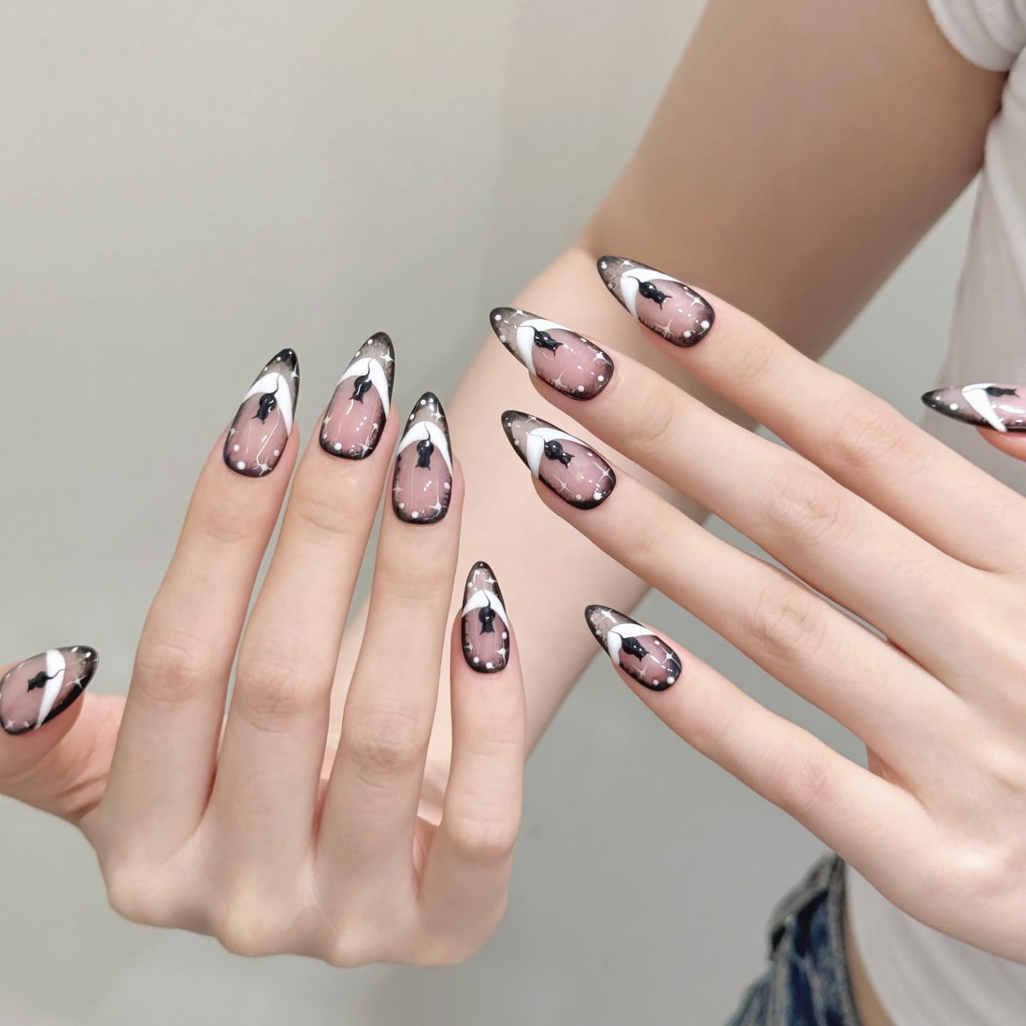 Yacey Cat Handmade Press on Nails, Medium Almond Reusable False Nails Press Ons, Hand-Painted Sugar Goth French Tip Thick Acrylic Fake Nails, Luxury Bling Glue on Nails for Women Girls (10 Pcs, M)