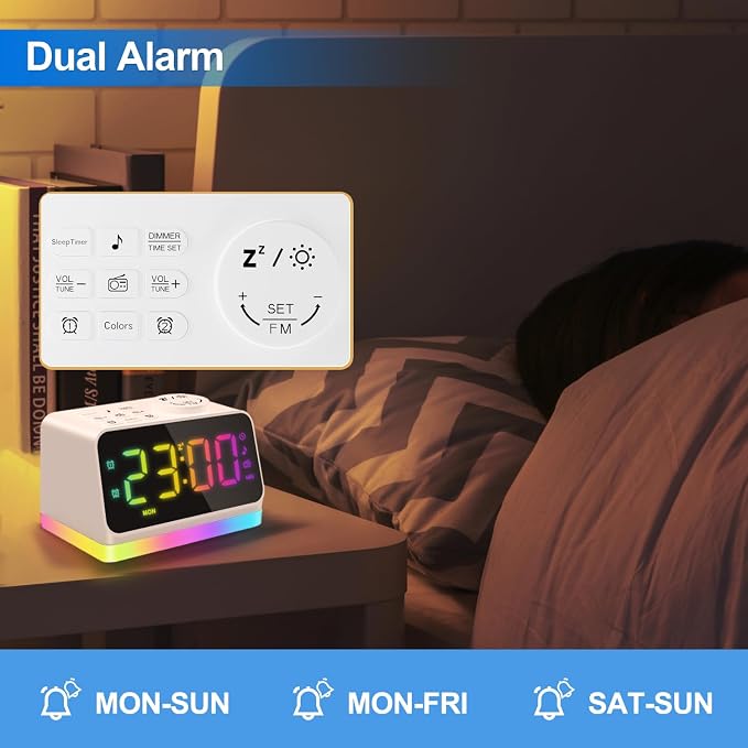 JALL Digital Alarm Clock with FM Radio for Bedroom, 8 Colors Night Light with 2 Charging Port, Sleep Sound Machines with Timer, Dual Alarm, Loud Alarm and Easy to Use for Seniors as Gift