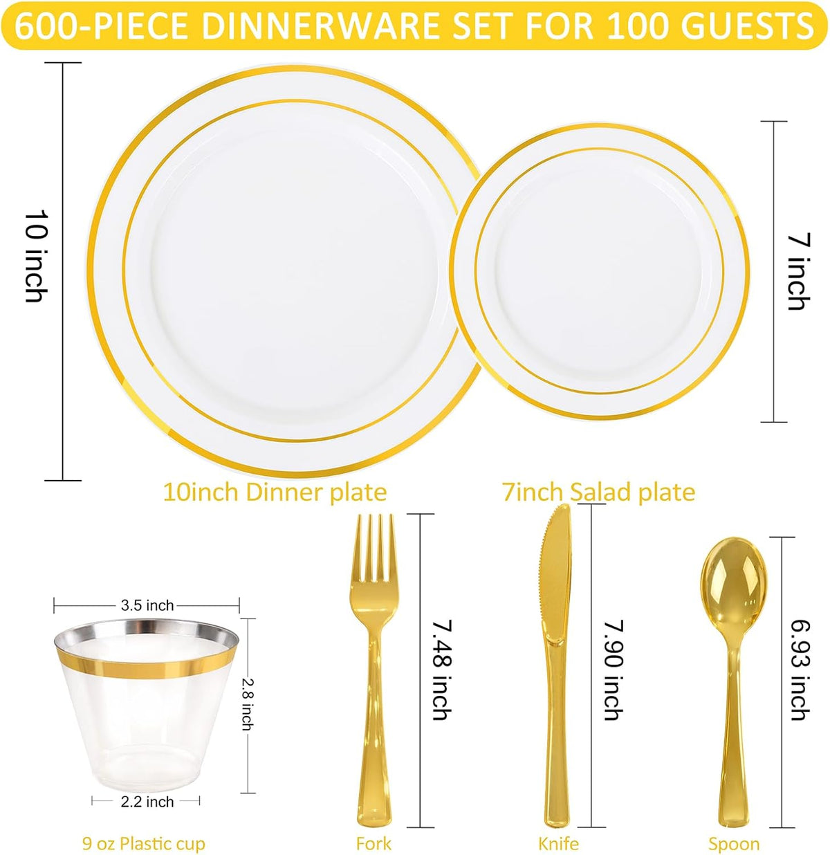 WELLIFE 600 PCS Gold Disposable Dinnerware Set for 100 Guests, Gold and White Plastic Plates for Party, 100 Each-Dinner & Salad Plates, Cups, Forks Knives Spoons for Wedding and Party
