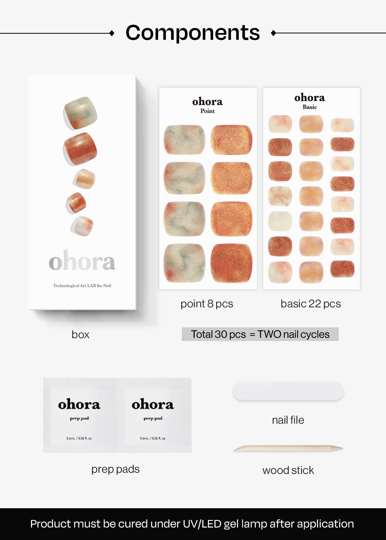 ohora Semi Cured Gel Pedi Strips (P Tasogare) - Works with Any Nail Lamps, Salon-Quality, Long Lasting, Easy to Apply & Remove - Includes 2 Prep Pads, Nail File & Wooden Stick