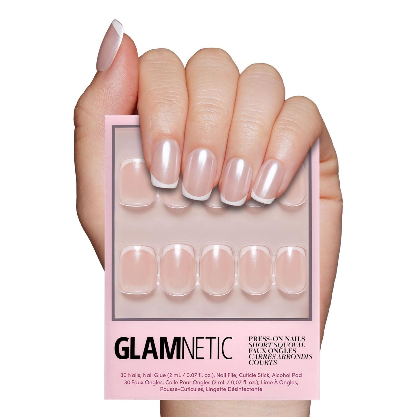 Glamnetic Press On Nails - La Perle | Semi-Transparent Squoval French Tip Fake Nails, Salon Quality | 15 Sizes - 30 Nail Kit with Glue