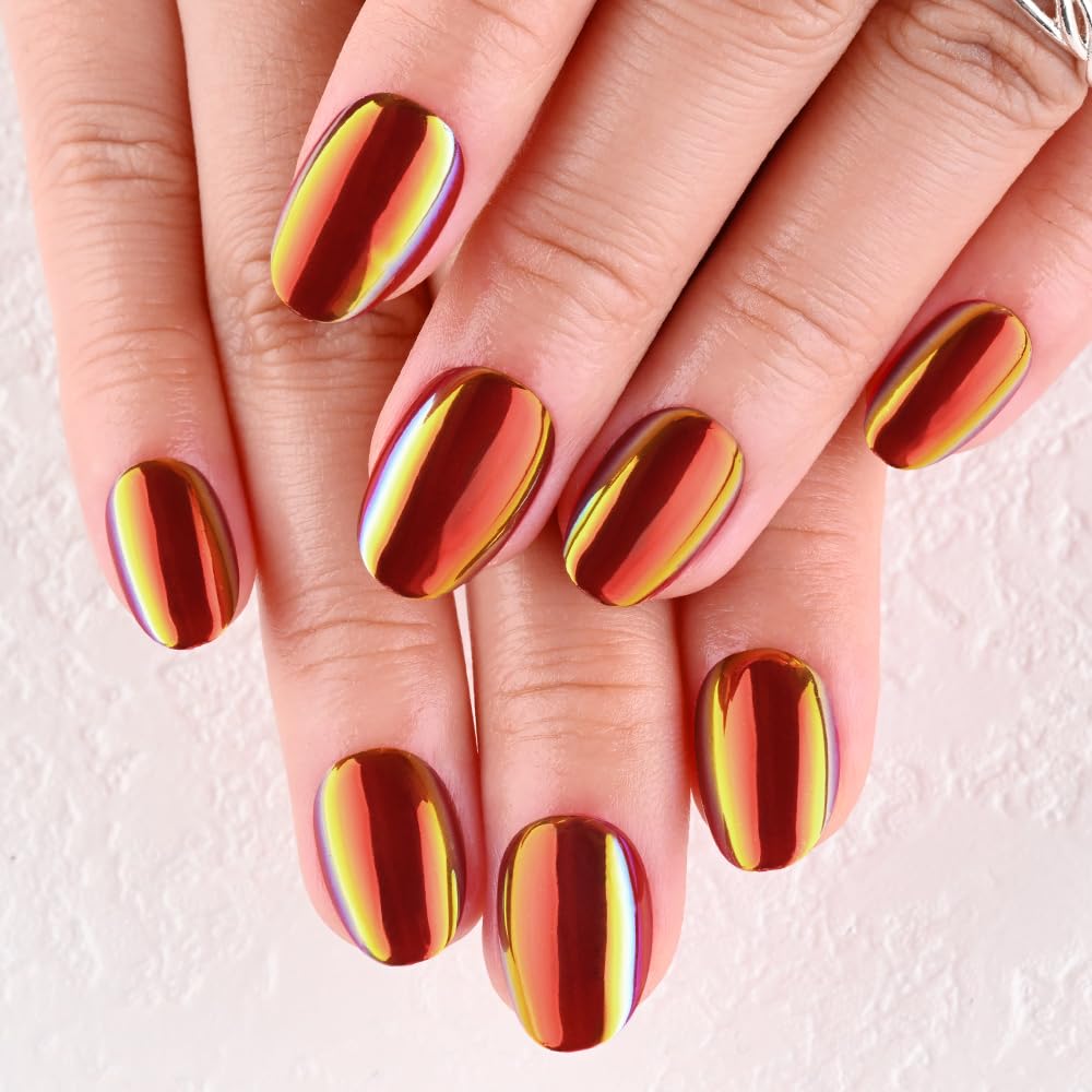 evpct Red Gold Glazed Press on Nails Short Oval, Short Oval Chrome Metallic Aurora Stick on Nail for Women, Reusable Full Cover Soft Press on Fake Nail Perfectly Fit with Glazed Design Salon Quality