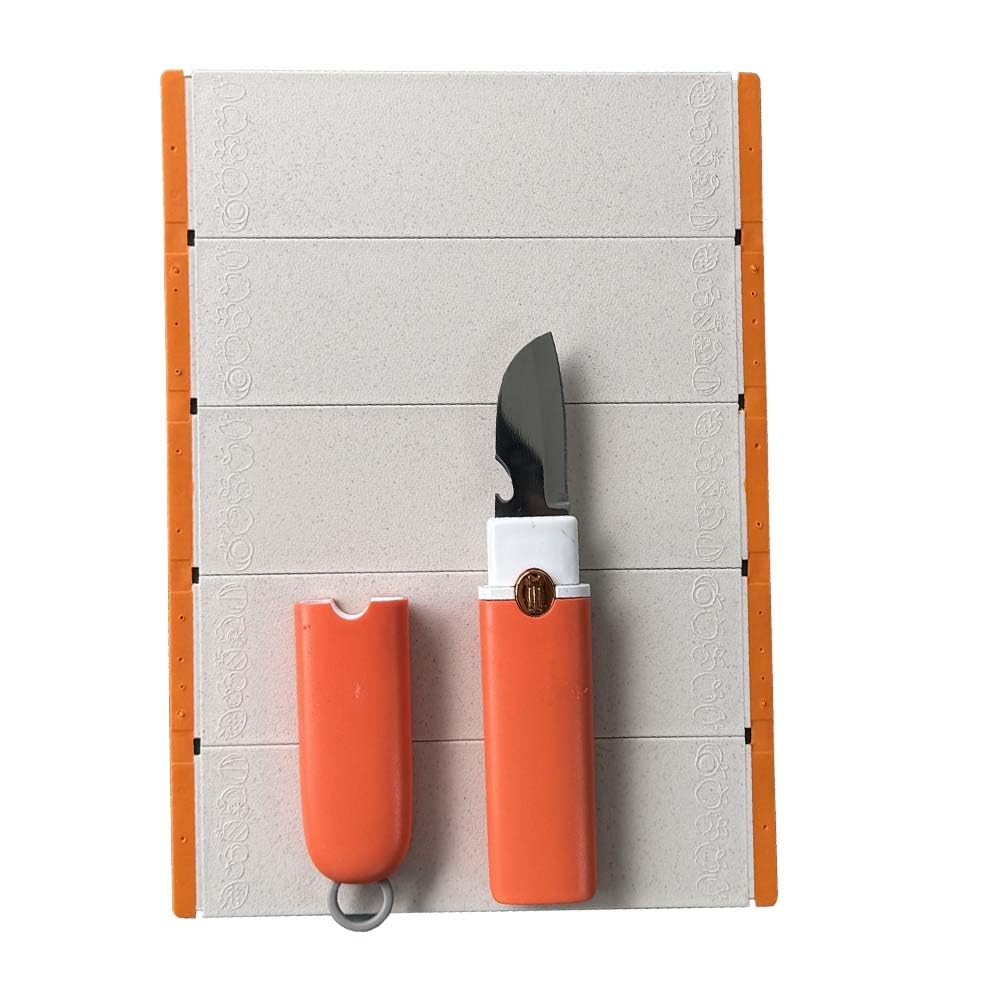 Maeluo 5-in-1 Small Cutting Board Set, Multifunctional Travel Stainless Steel Fruit Knife with Cover, Outdoor Portable Peeling Fruit Potato Peeler for Travel, Camping, Kitchen (Orange)
