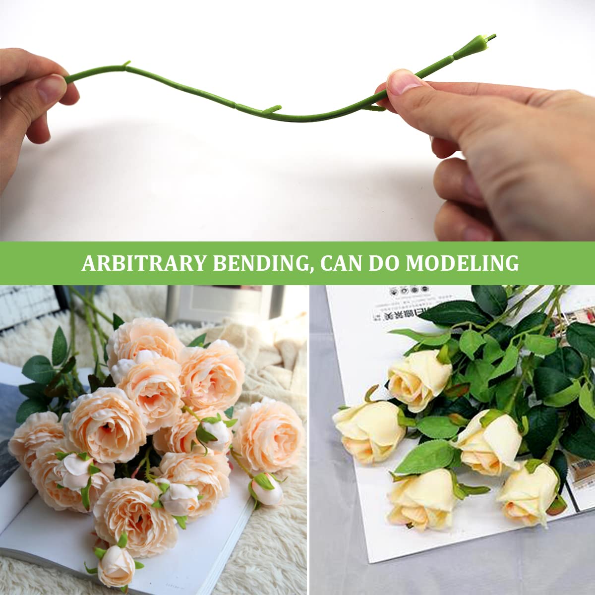 YOLUFER 100Pcs Floral Wire Stems Plastic Artificial Flower for Craft Floral Green Stem Wire DIY Craft Bouquet Making Floral Arrangement Tools