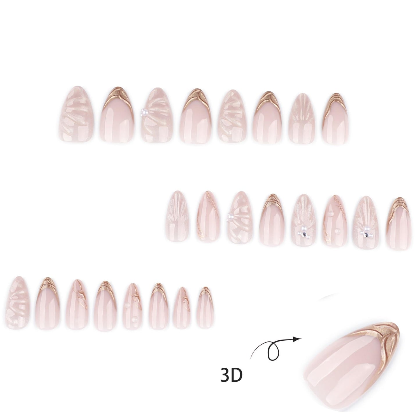 SEENEEY Almond Press on Nails Medium Fake Nails Nude Artificial Nail Pearl Designs Gold Stick on Nail for Women 24pcs