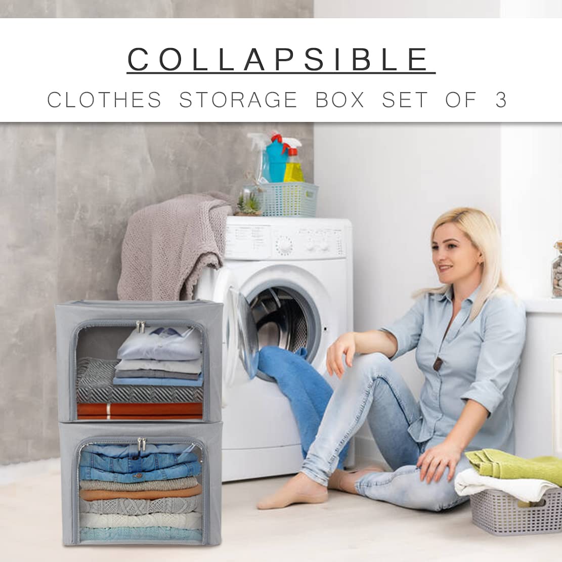 Stackable Clothes Storage Box for Clothing Gadgets,Steel Frame Storage Bins for Toys Gift,Foldable Oxford Fabric Closet Organizer Bag Set w/ Carry Handles Clear Window (Medium- 40L x3 Pack, Grey)