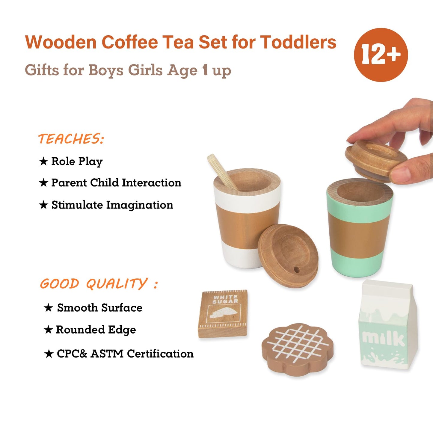 WOODENFUN Pretend Play Coffee Cup Toys,Wooden Play Kitchen Accessories,Fake Food Play for Kids Kitchen,Educational Toy for Toddler Children Birthday Gift
