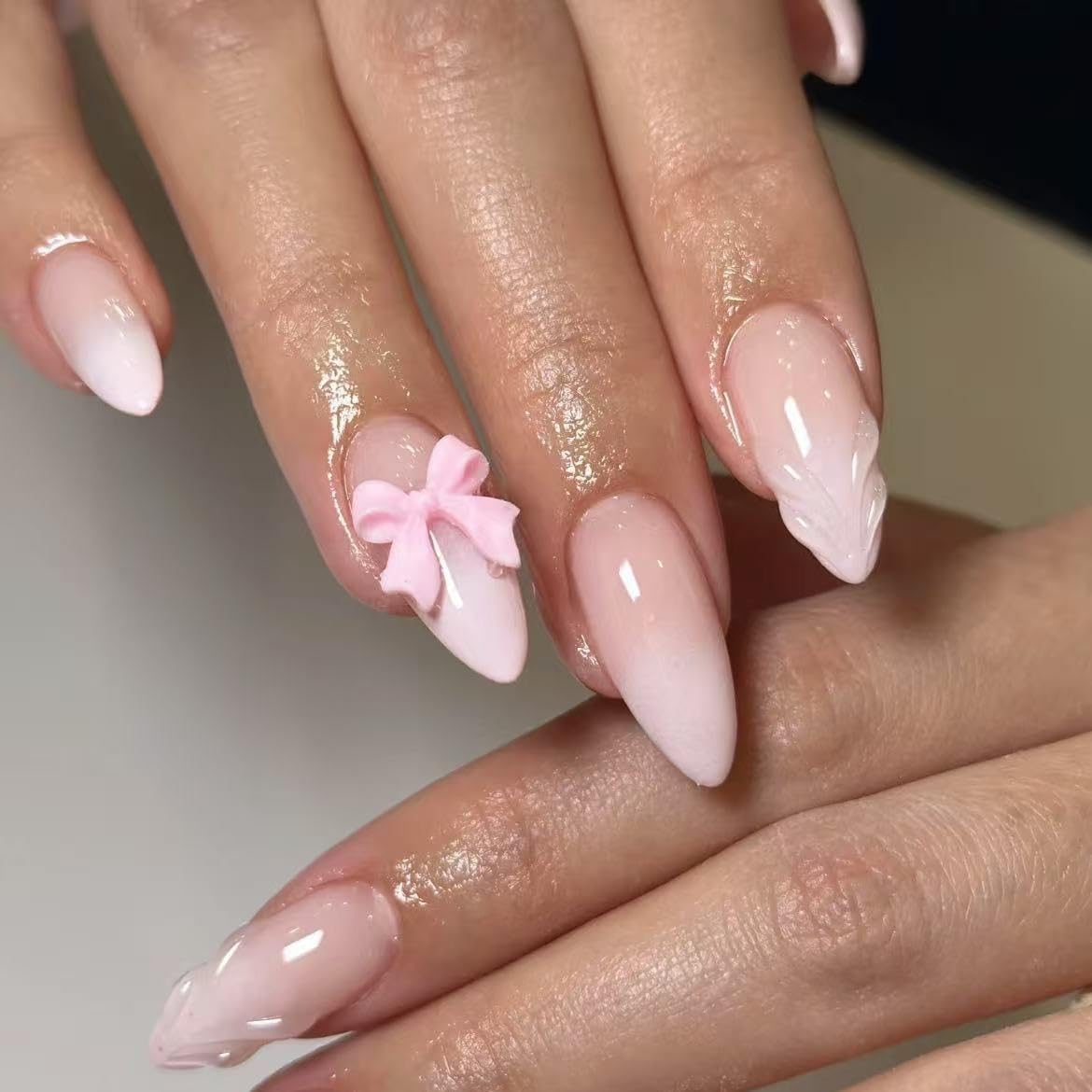 Handmade Gradient Milky white tip Press on Nails style Almond Fake Nails with Glue Stick on Nails for Women Manicure Decoration Bow 10PCS (MT-134-M)